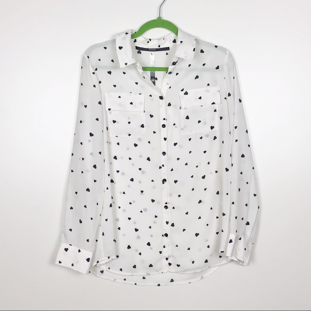 Kensie sheer white blouse with navy hearts. Size M
